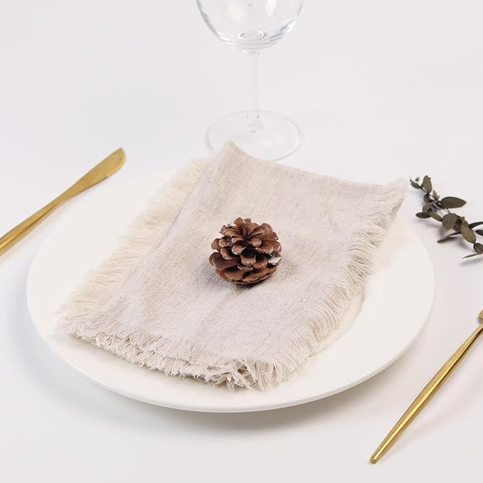 Handmade Cloth Napkins with Fringe,18 x 18 Inches Cotton Linen Napkins Set of 6 Versatile Handmade Square Rustic Fringe Napkins for Dinner, Wedding and Parties, Natural Linen