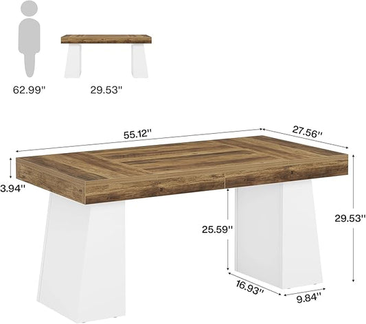Tribesigns 55" Executive Desk, Wooden Office Desk with Double Pedestal, Modern Simple Computer Writing Table for Home Office, Brown & White