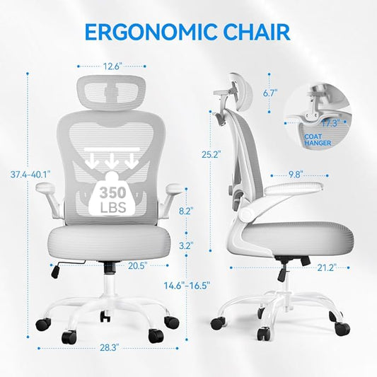 Ergonomic Office Chair with Headrest 3D, Mesh Office Desk Chair with Adjustable Lumbar Support, Computer Chair with Flip up Armrests, 350LBS Capacity - Design for Home/Offices - Grey