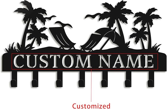 Personalized Key Holder for Wall, Custom Name Metal Key Hanger, Key Hooks with Beach Design, Metal Palm Tree Wall Decor for Living Room, Entryway, Office, Home Decor Aesthetic