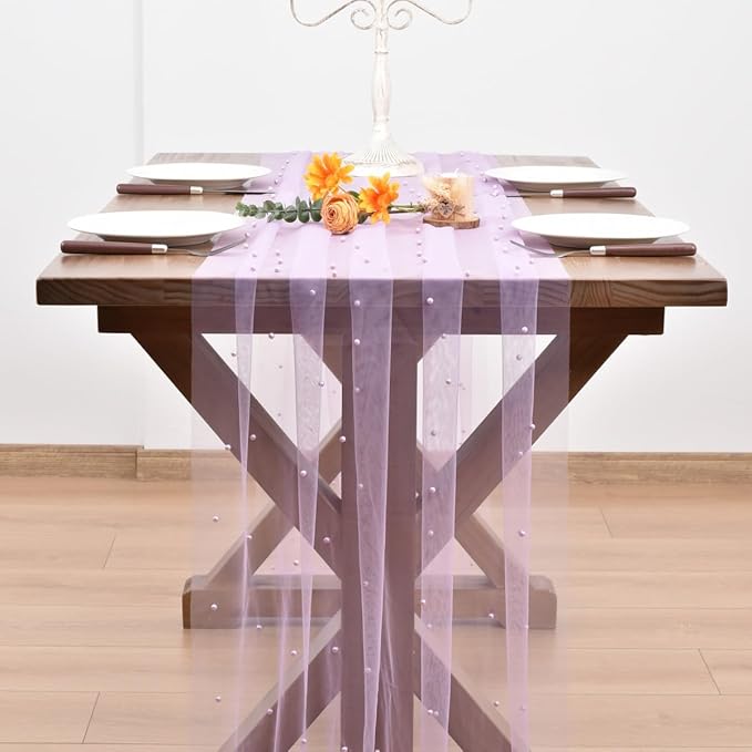 Lilac Fall Thanksgiving Pearl Table Runner Boho Rustic Tulle Lace Table Runner for Baby Shower Wedding Arch Decor Veil Dessert Table Decor 3pcs