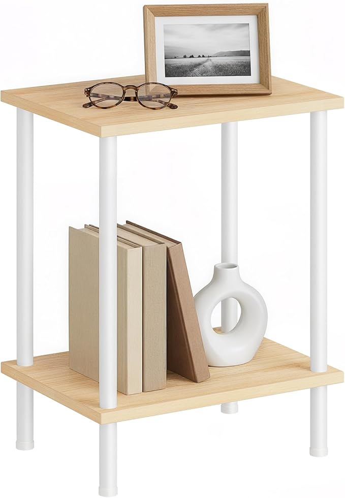 HOOBRO End Table, Small Side Table, Nightstand with 2-Layer Storage Shelves, Sofa Table for Small Spaces, Living Room, Bedroom, Stable Frame, Easy Assembly, Natural and White WN09BZ01