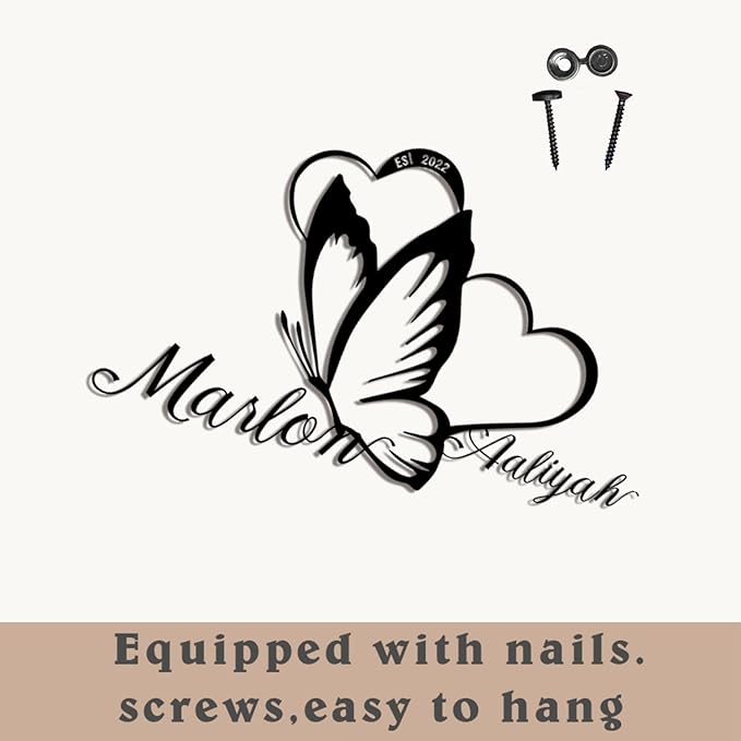 Personalized Last Name Metal Sign,Customized Metal Heart Butterfly Sign,Custom Couple's Name Sign for Her,Outdoor/IndoorDecor,Wedding and Housewarming Gift for New Couple,Valentine's Day Gift