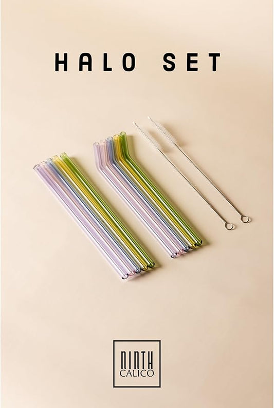 10 Pcs Reusable Glass Drinking Straws, Colorful and Durable Glass Straws for Beverages, Smoothies, Iced Coffee, Matcha, Juice, Set of 10-5 Straight, 5 Bent, 2 Cleaning Brushes - (Halo Set)