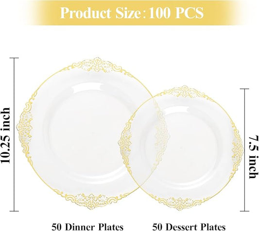 100 PCS Clear and Gold Plastic Plates for 50 Guests, Clear Disposable Plates Include 50 PCS Dinner Plates, 50 PCS Dessert Plates for Party, Wedding and Graduation