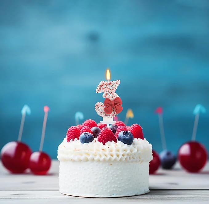 Birthday Candle for Cake, Red Bow Number Candles, 2.76 inch Cake Topper Decoration for Birthday Party (Number 3)