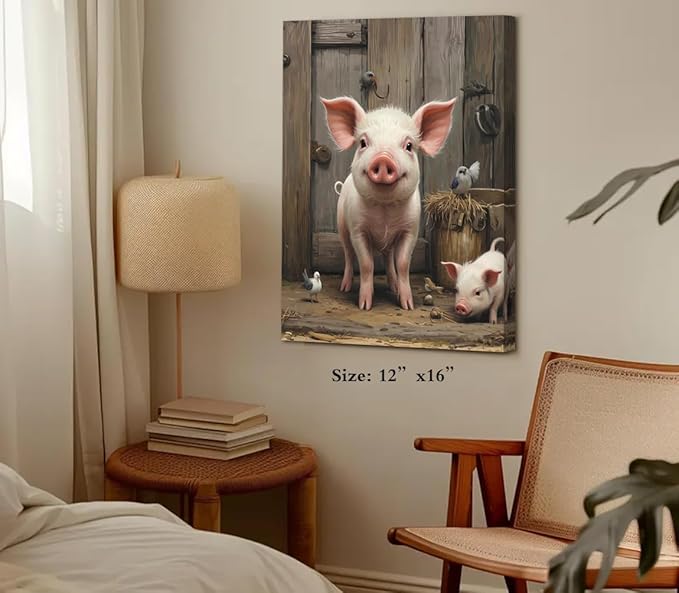 Farmhouse Pig Wall Art,Rustic Pig Canvas Prints Painting,Farm Animal Wall Art Country Bathroom Decor Print Painting Framed Artwork for Bedroom Kitchen12 X16