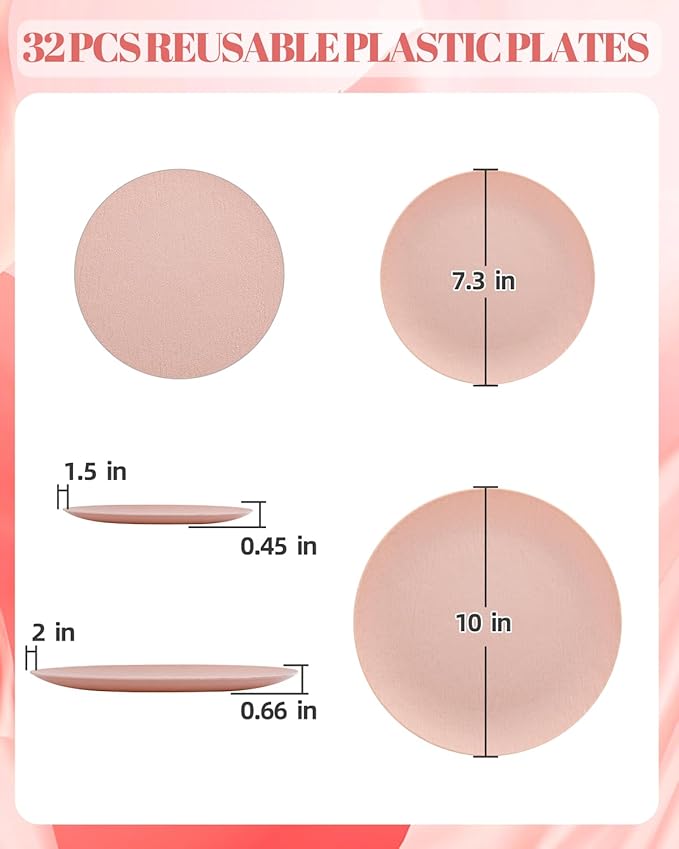 WONDERFUL 32pcs Pink Plastic Plates - Unbreakable and Reusable Pink Plates Dishwasher safe Dishes Set Includes:16 Dinner Plate 10" and 16 Dessert Plate 7.3" for Wedding Thanksgiving Christmas