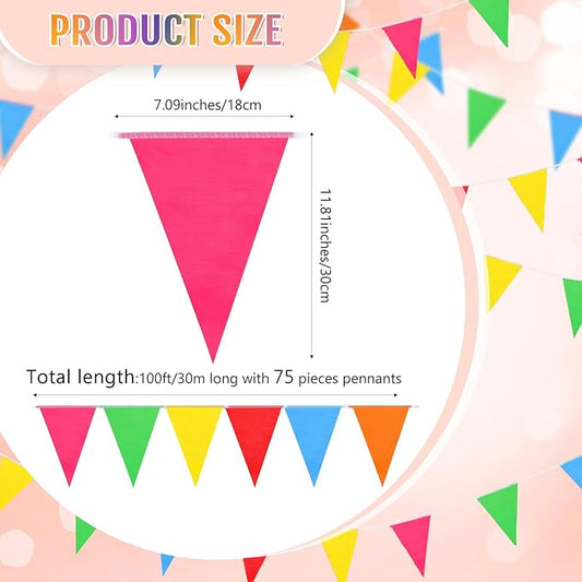 100 Feet Pennant Banners Flags 75 Solid String Triangle Flags for Grand Opening, Carnival Theme Birthday Party Decoration Outdoor Events Classroom Decoration(Bright Color)