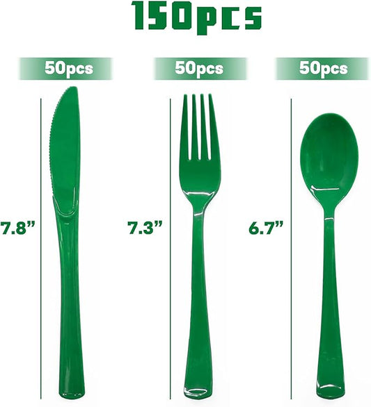 150 PCS Green Plastic Silverware Disposable Green Utensils 50 Plastic Forks, 50 Knives, 50 Spoons for Birthday, Graduation Party, Picnic