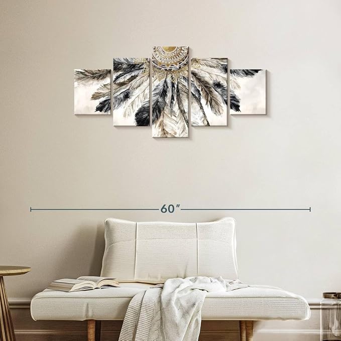 ElephantStock - Necklace Of Feathers Iii Wall Art - Horizontal Multi Panel Canvas - 5 Piece Living Room Wall Decor - Painting Multi Piece Wall Art - Brown And Gray Decor by Eva Watts - 42" x 19"