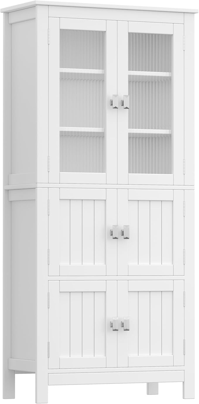 53.1" H Tall Bathroom Storage Cabinet, Bathroom Floor Cabinet with 6 Doors and Adjustable Shlef, Linen Cabinet, Pantry Cabinet for Living Room, Kitchen, Entryway, White