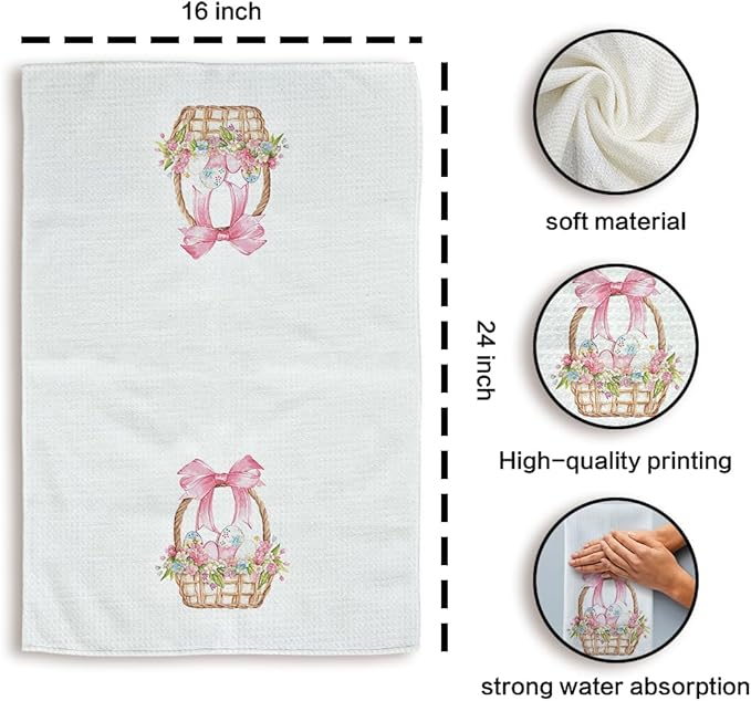 Coquette Pink Bow Easter Kitchen Towels Set of 2, Easter Eggs Decor Hand Towels, PinkEaster Dish Towels Dishcloths Tea Towels for Kitchen, EasterKitchen Bathroom Decor, 16x24 Inch