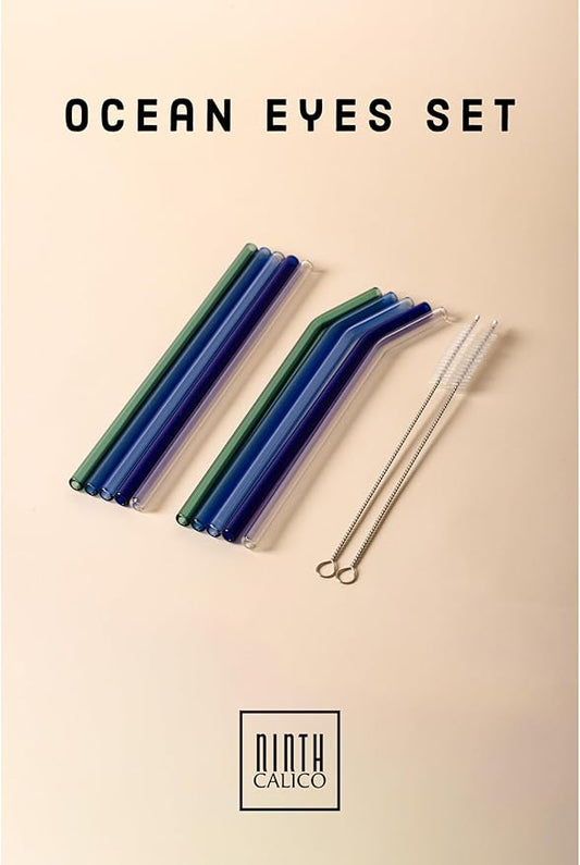 10 Pcs Reusable Glass Drinking Straws, Colorful and Durable Glass Straws for Beverages, Smoothies, Iced Coffee, Juice, Set of 10-5 Straight, 5 Bent, 2 Cleaning Brushes (Ocean Eyes Set)