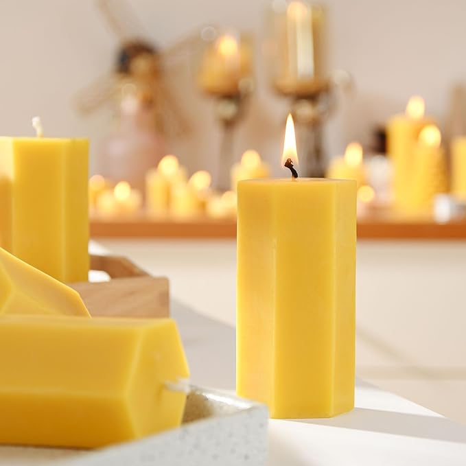 6PCS Hexagon Beeswax Pillar Candles,Large Handmade Pure Beeswax Candle,Unscented Smokeless,2 * 4",18H, Raw