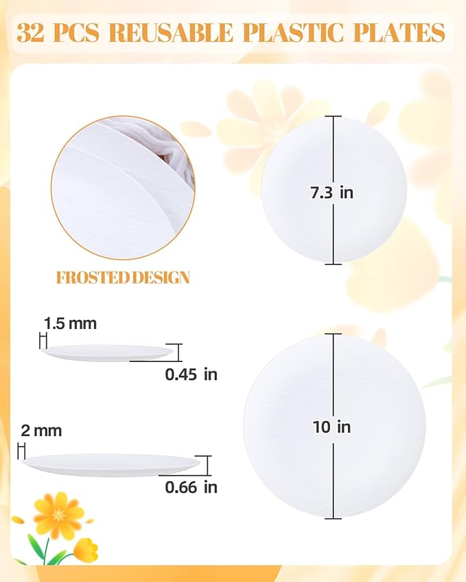 WONDERFUL 32pcs White Plastic Plates Reusable Unbreakable Dinnerware Set Dishes Set Dishwasher Safe Outdoor Plates Includes:16 Dinner 10" and 16 Dessert Plate 7.3" Ideal for Thanksgiving Christmas