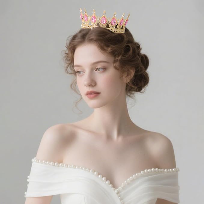 Pink Crown for Women Crystal Tiara and Queen Crown for Girl Wedding Headband for Bride Hair Accessories for Costume Birthday Party Cake Decoration Prom