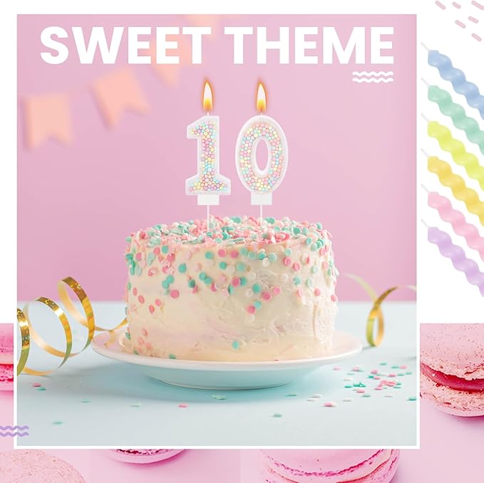 MTLEE Number 10 Birthday Candle with 12 Pcs Spiral Candles for Girls Macaron Pastel Rainbow Unicorn Pink Cake Topper for Sweet Theme Party Decoration