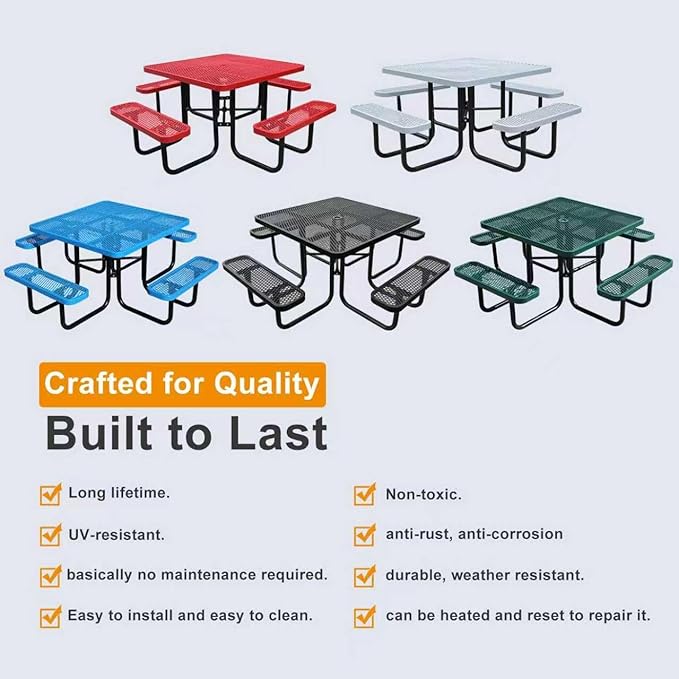 46-Inch Square Outdoor Picnic Table – Commercial Heavy-Duty Steel Dining Table with Thermoplastic Coating, Weather & Rust Resistant, Ideal for Parks, Patios, Schools, Campgrounds (Green)