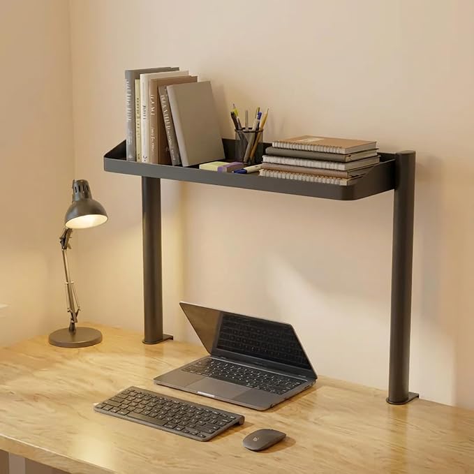 Clamp on Desk Shelf, 2-Tier Office Desk Shelves Organizer, 17in Small Shelf for Top of Desk with Headphone Holder and Hooks, Desktop Storage Rack for Home Workspace, Study Rooms, Gaming Accessories