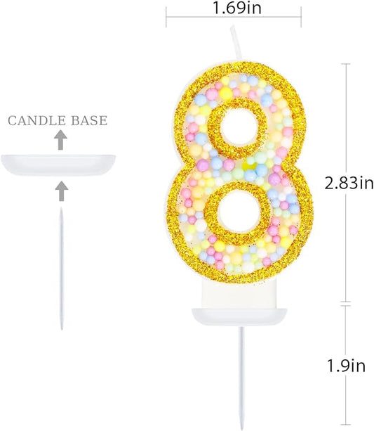 8th Birthday Candle for Cake, Colorful Macaron Numeral Candles for Girls/Boys, Birthday Party Cake Decorations, Golden Cake Topper for Birthday Party Supplies (Number 8)