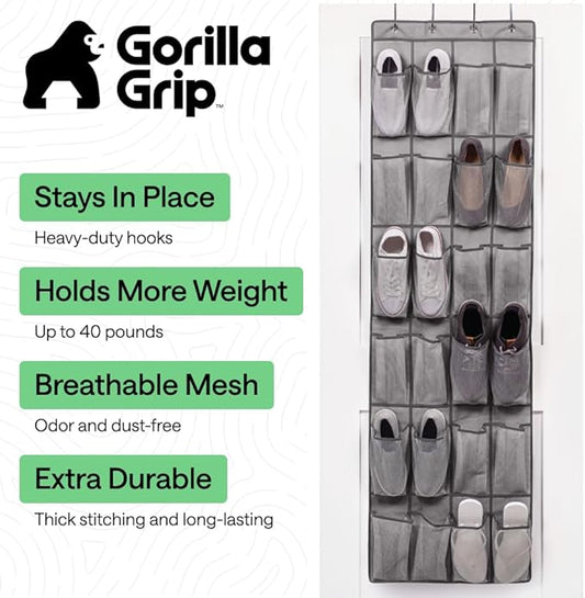 GORILLA GRIP Over the Door Shoe Organizer, 24 Large Breathable Mesh Pockets, Space Saving Hanging Storage Holder, Closet Rack Hanger Holds Up to 40 lbs, Hangs on Closets for Shoes, Accessories, Grey