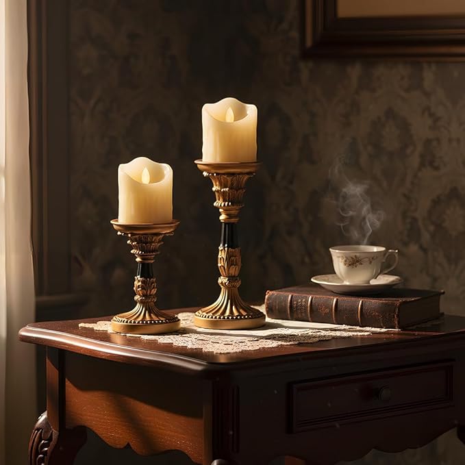 Vintage Candle Holders Set of 3 – Hand-Painted Resin Pillar Candle Stands – Antique Gold Decorative Candle Holder Set for Table Centerpiece, Mantel, Wedding, and Home Decor