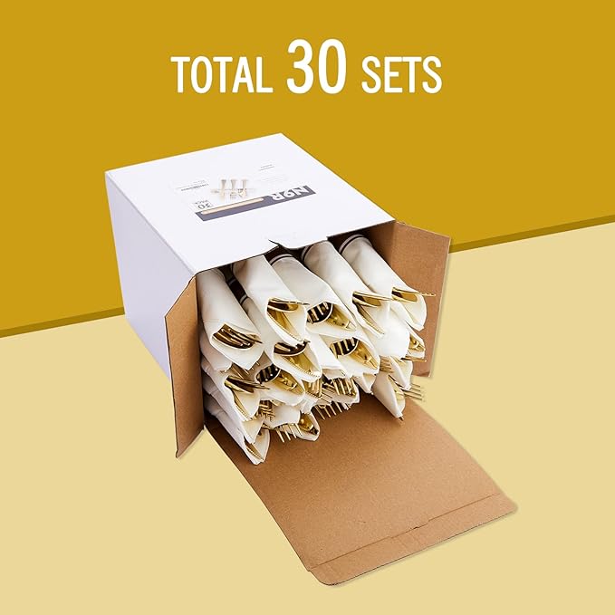N9R 30 Pack Pre Rolled Gold Plastic Cutlery Set, Wrapped Plastic Silverware Set with 30 Forks, 30 Knives, 30 Spoons and 30 Napkins, Disposable Cutlery Set for Party and Wedding