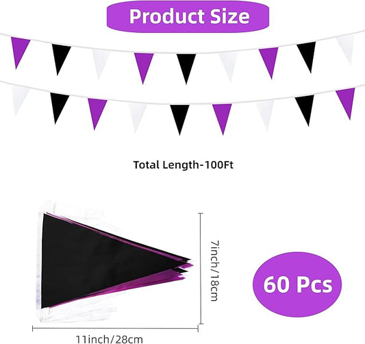 100 Feet 60 Pcs Purple White and Black Pennant Banner Flag String Hanging Triangle DIY Flag, Bunting Streamers Decoration for Grand Opening, Birthday, Wedding Celebration (Purple White & Black)
