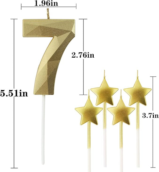 Golden Number 7 & Star 3D Diamond Shaped Birthday Candles - 2.76 inch, Suitable for Parties & Cake Decorations