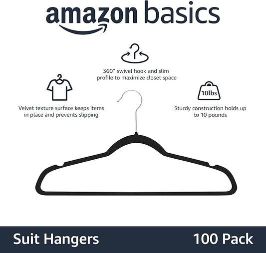 Amazon Basics Slim Velvet Non-Slip Space Saving Suit Clothes Hangers, Closet Organizer, Black/Silver, 100-Pack