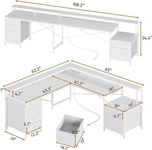 SEDETA L Shaped Desk with 6 Drawer, 108" Home Office Desk with File Drawer & Power Outlet, Corner Computer Desk with Monitor Shelf, File Cabinet, Two Person Desk, Gaming Desk with Led Lights, White