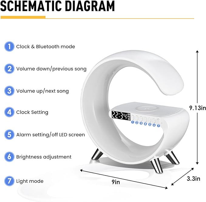 Smart LED Table Lamp, 4-in-1 Wireless Charger, Night Light, Alarm Clock, and Bluetooth Speaker with App Control for Bedroom, Office, and Home Decor (White)