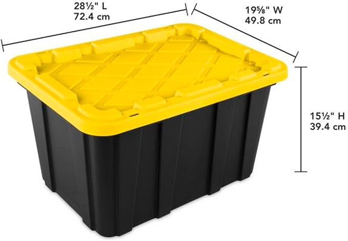 Sterilite 4 Tier Tote Rack, Vertical Plastic Organizer with 4 Pack 27 Gallon Industrial Storage Totes, Black - for Garages, Workshops, or Basements