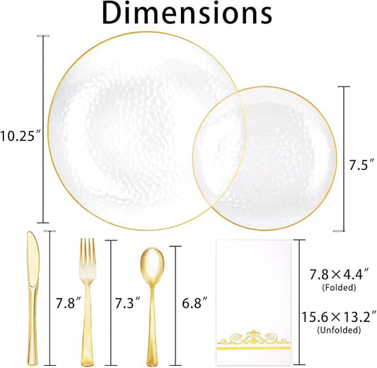 150 Pcs Plastic Dinnerware Set Disposable for 25 Guests - Clear Plates with Gold Trim, Fancy Plastic Plates for Party Wedding Birthday Christmas