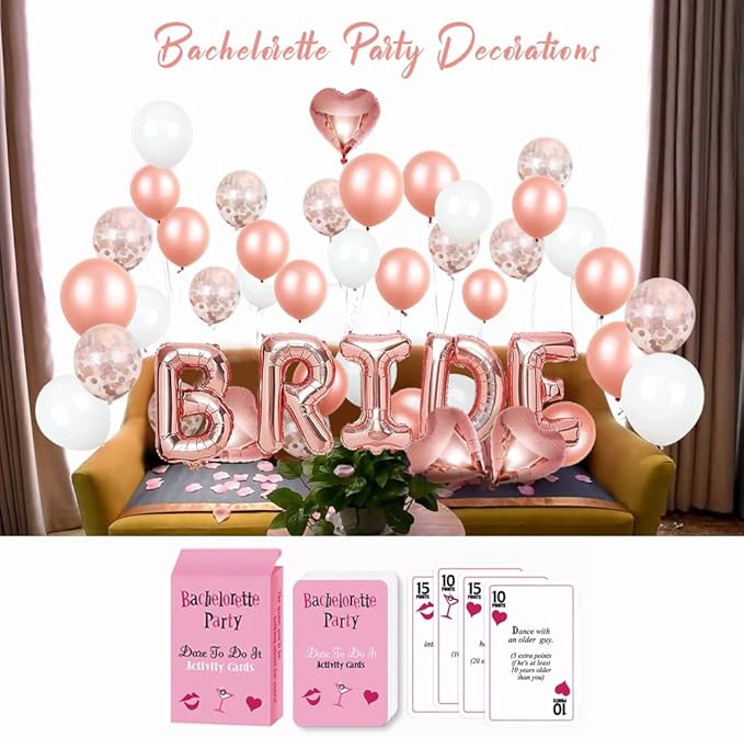 MOVINPE Bachelorette Party Decorations, Bride to Be Sash, Veil, Rhinestone Tiara, Dare Cards, Photo Booth Props, Foil Curtains, Tattoos, Rose Gold Bridal Shower Party Supplies Decor