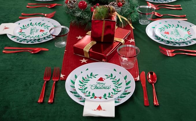 Liacere 175PCS Christmas Plastic Plates - White & Green; Includes 50 Wreath Plates, 25 Red Cutlery, 25 Cups, 25 Tree Napkins