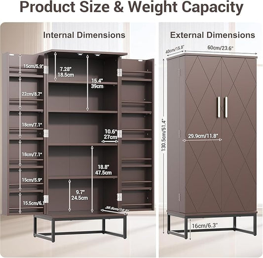 51” Kitchen Pantry Storage Cabinet, White Freestanding Pantry Cabinets with Doors and Adjustable Shelves, Buffet Cupboards Storage Cabinet for Home Office Use, Dinning Room(Brown)