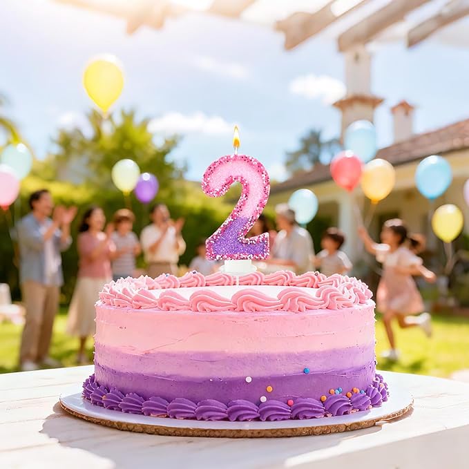 Birthday Number Candles for Cake, Pink Purple Glitter Number Candles for Cake Toppers, Ideal Birthday Parties Cake Decor, Wedding Anniversary and Other Celebrations (2 Candle)