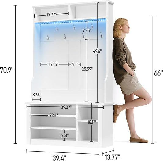 Aiho Entryway Bench with Coat Rack, 5-in-1 Hall Tree with Bench and Shoe Storage, Entryway Furniture, Adjustable LED Light, for Hallway, Living Room, White
