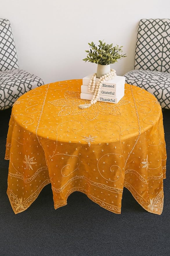 AK TRADING CO. Handmade Metallic Zari (Nakshi) Embroidered Silk Tissue Tablecloth – 60" Square | Luxury Handcrafted Decorative Table Cover for Home Décor, Weddings & Special Events (Orange, 60x60)