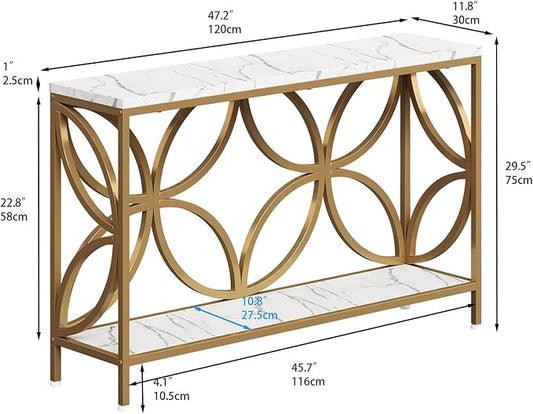 GiftGo Narrow Sofa Table 47.2 Inch, Industrial Sofa Table Behind Couch, Vintage Entry Console Table with Storage for Entryway, Living Room, Foyer, Elegant Design (White and Gold, 47.2)