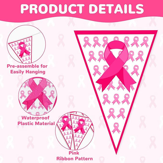 100 FT Breast Cancer Awareness Decorations, 3 Pack Pre-assemble Pink Ribbon Pennant Banner Flags, 60 PCS Plastic Pennants Flags Indoor Outdoor Party Supplies Home Office Ceiling Wall Hanging Decor