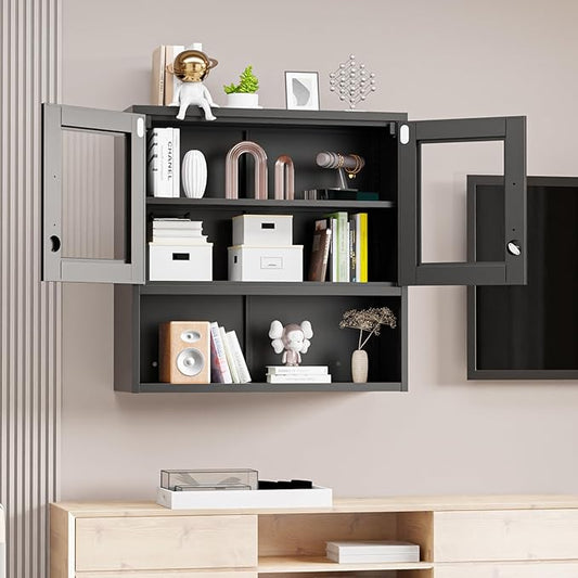 VINGLI Metal Wall Cabinet with Locking Glass Doors & Magnetic LED Sensor Light, Adjustable Shelf, Wall Mounted Storage Display Cabinets for Garage, Kitchen, Home Office, Warehouse, Living Room, Black