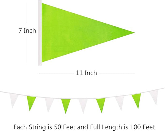 100 Ft White Green Pennant Banner Flag, 60 Pcs String Hanging DIY Bunting Flags for Party, School, Birthday, Wedding, Carnival, Celebrations, Outdoor and Indoor Decorations (White Green)