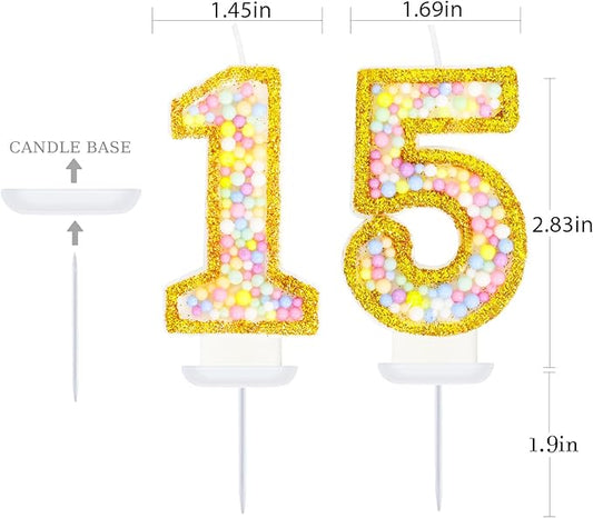 15th Birthday Candle for Cake, Colorful Macaron Numeral Candles for Girls/Boys, Birthday Party Cake Decorations, Golden Cake Topper for Birthday Party Supplies (Number 15)