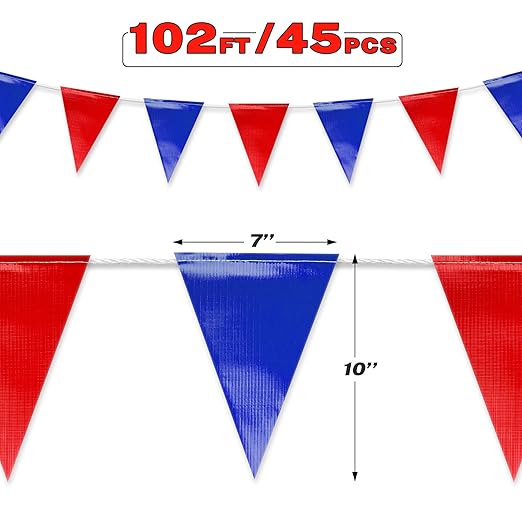Blue & Red Pennant Banner Flags | Heavy-Duty Outdoor | OSHA 500lb Rated | Strand Fade Resistant 【102FT】