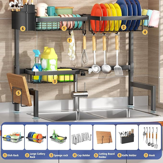 SNSLXH 2-Tier Over The Sink Dish Drying Rack, Kitchen Large Dish Drying Rack Over The Sink, Suitable for Most Sinks, Effective Dish Drying, Kitchen Drying Rack(26.57"-35")