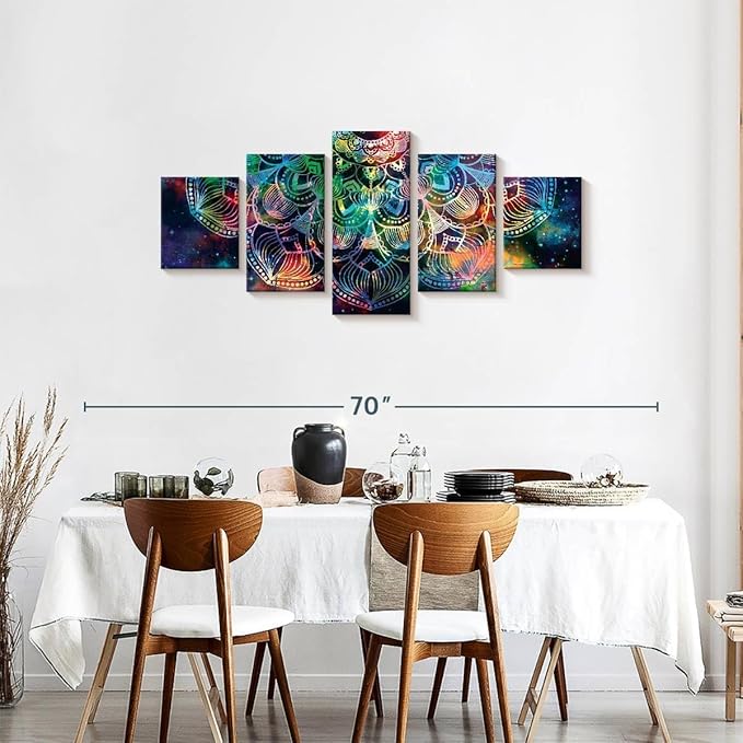 ElephantStock - Celestial Mandala Wall Art - Horizontal Multi Panel Canvas - 5 Piece Living Room Wall Decor - Digital Art Elements Multi Piece Wall Art - Turquoise And Blue Decor - 55" x 24"