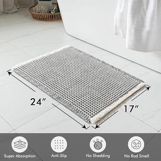 MIULEE Set of 2 Waffle Bathroom Rugs, Boho Bath Rugs Non Slip Washable, Super Absorbent Bath Mats, Ultra Soft Rubber Backed Shower Mats for Bathroom Floor, Tub, LightGrey & Cream, 17x24 Inch